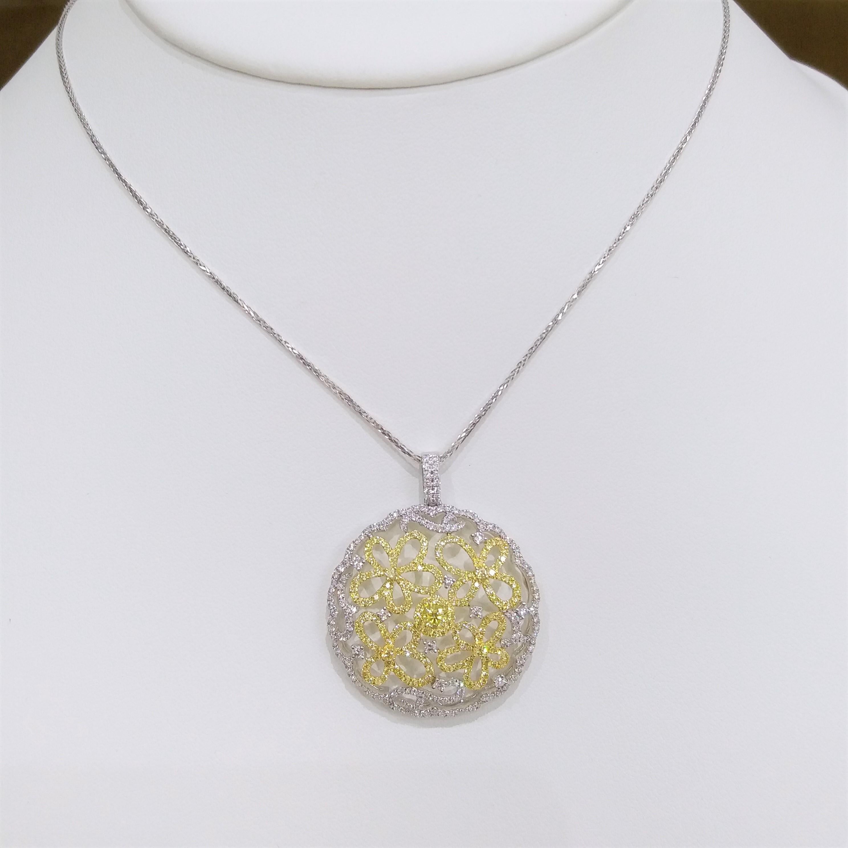 Contemporary Natural Yellow Diamond White Diamond Platinum Pendant Necklace