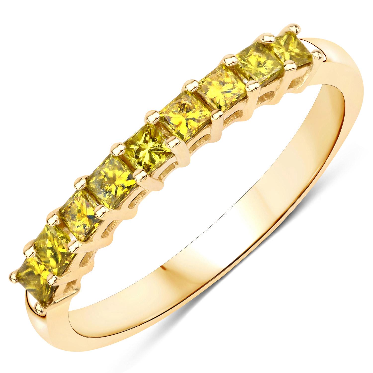 Princess Cut Natural Yellow Diamond Band Ring 0.45 Carats 14K Yellow Gold For Sale