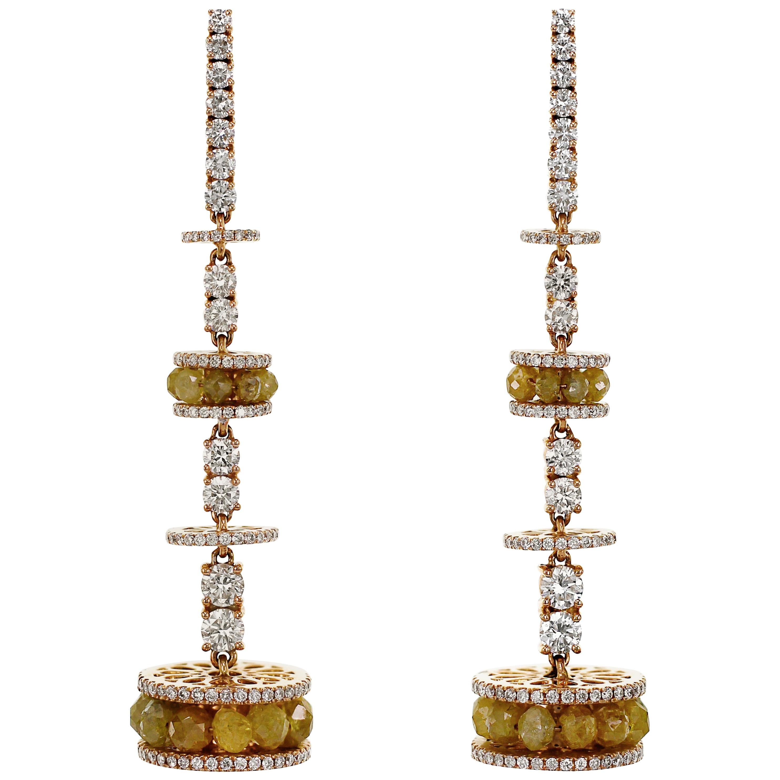 Natural Yellow Diamond Beads and Diamond Chandelier Earring