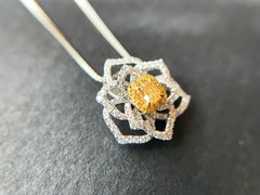 Natural Yellow Diamond Camellia Flower Pendant in 18K White Gold with Diamond