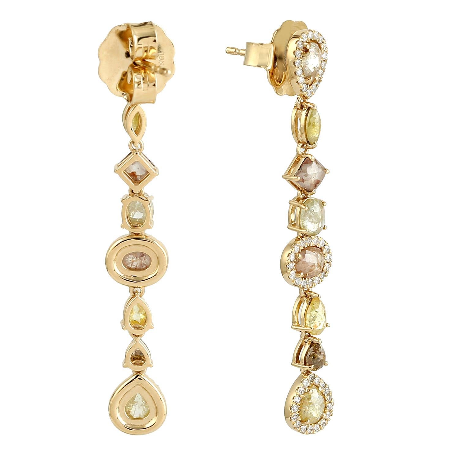 Mixed Cut Natural Yellow Diamond Dangle Earrings 18K Yellow Gold For Sale