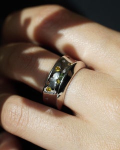 Natural Yellow Diamond Doughnut Wide Band Ring 18k White Gold Flush Gypsy Set
