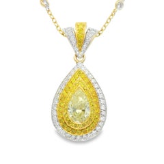 Natural Yellow Diamond Halo Pave Pear Necklace 18-Karat En Stock