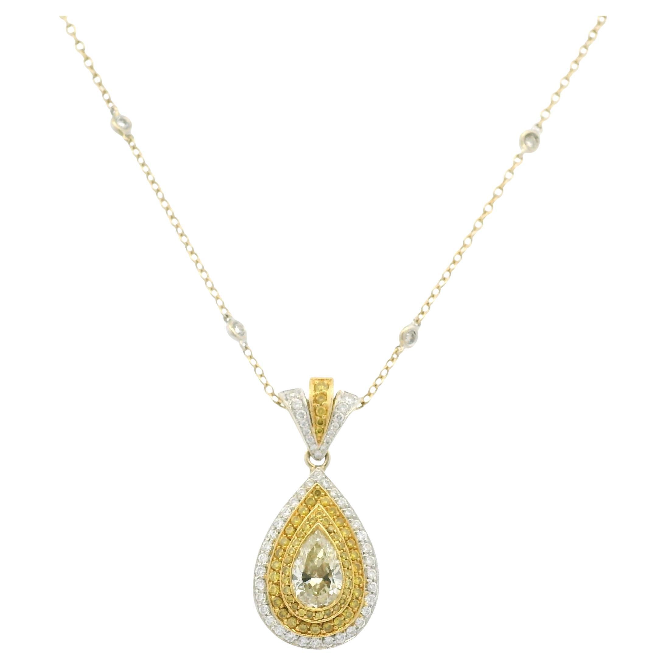 Natural Yellow Diamond Halo Pave Pear 18-Karat Necklace In Stock