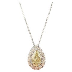 Collana con ciondolo a halo con diamante giallo naturale, oro bianco 14kt, 1,17 ct totali, VS