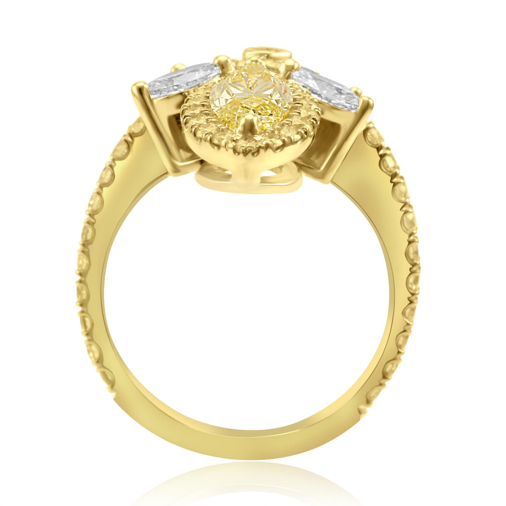 Natural Yellow Diamond Marquise White Diamond Flower Fashion Cocktail Gold Ring In New Condition In NEW YORK, NY