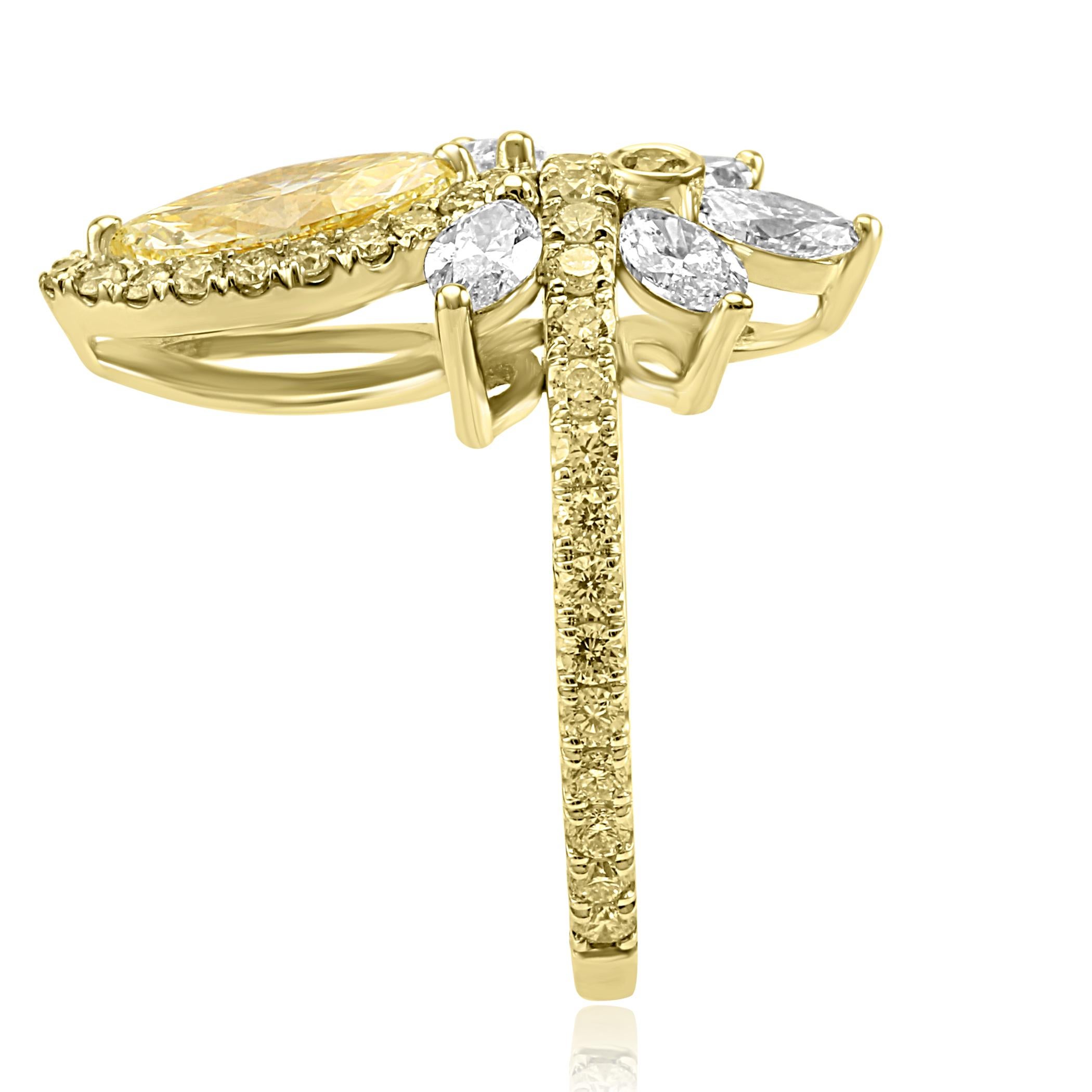 Natural Yellow Diamond Marquise White Diamond Flower Fashion Cocktail Gold Ring 1