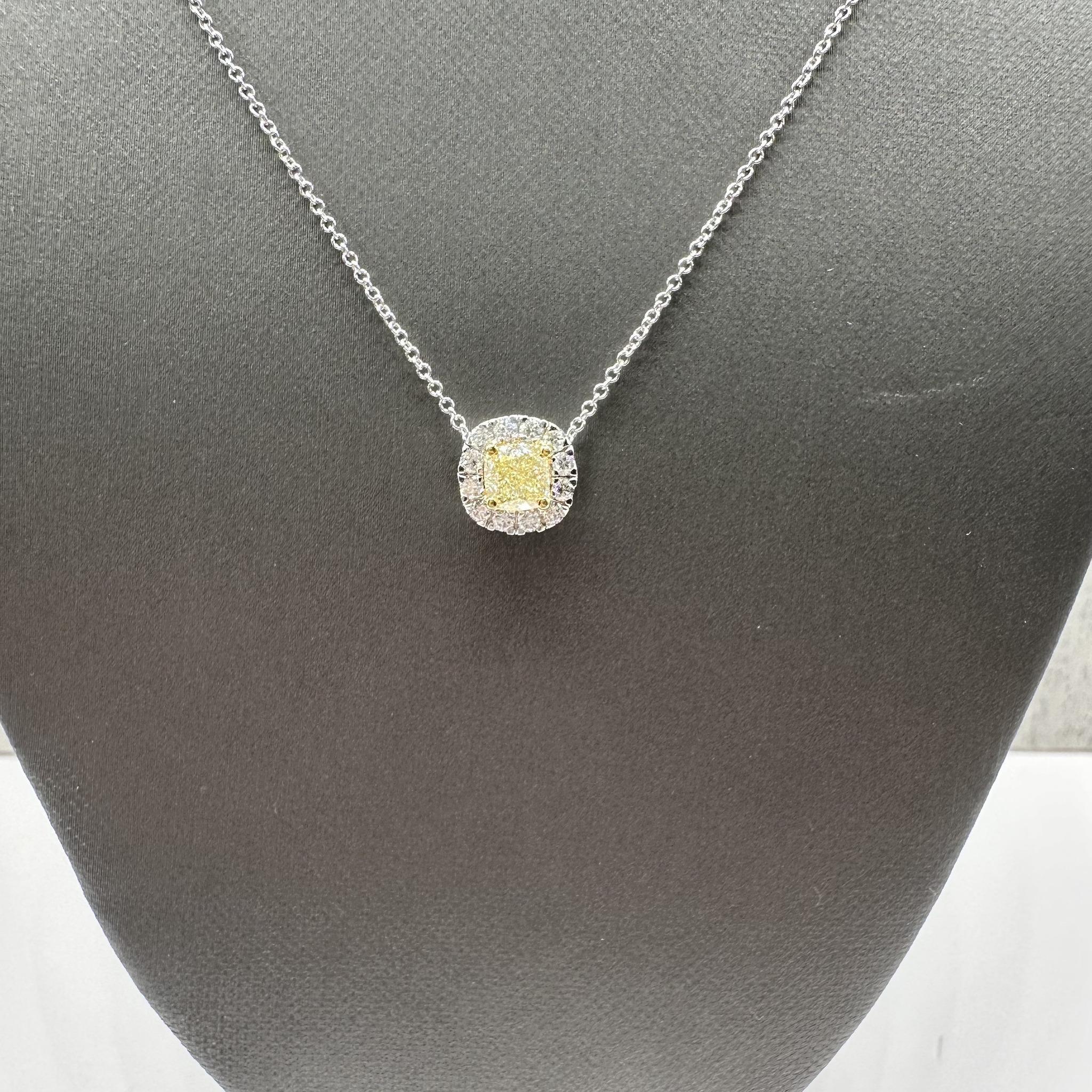 Cushion Cut Natural Yellow Diamond Pendant Necklace in 14kt Gold -0.67ctw, Adjustable 16-18