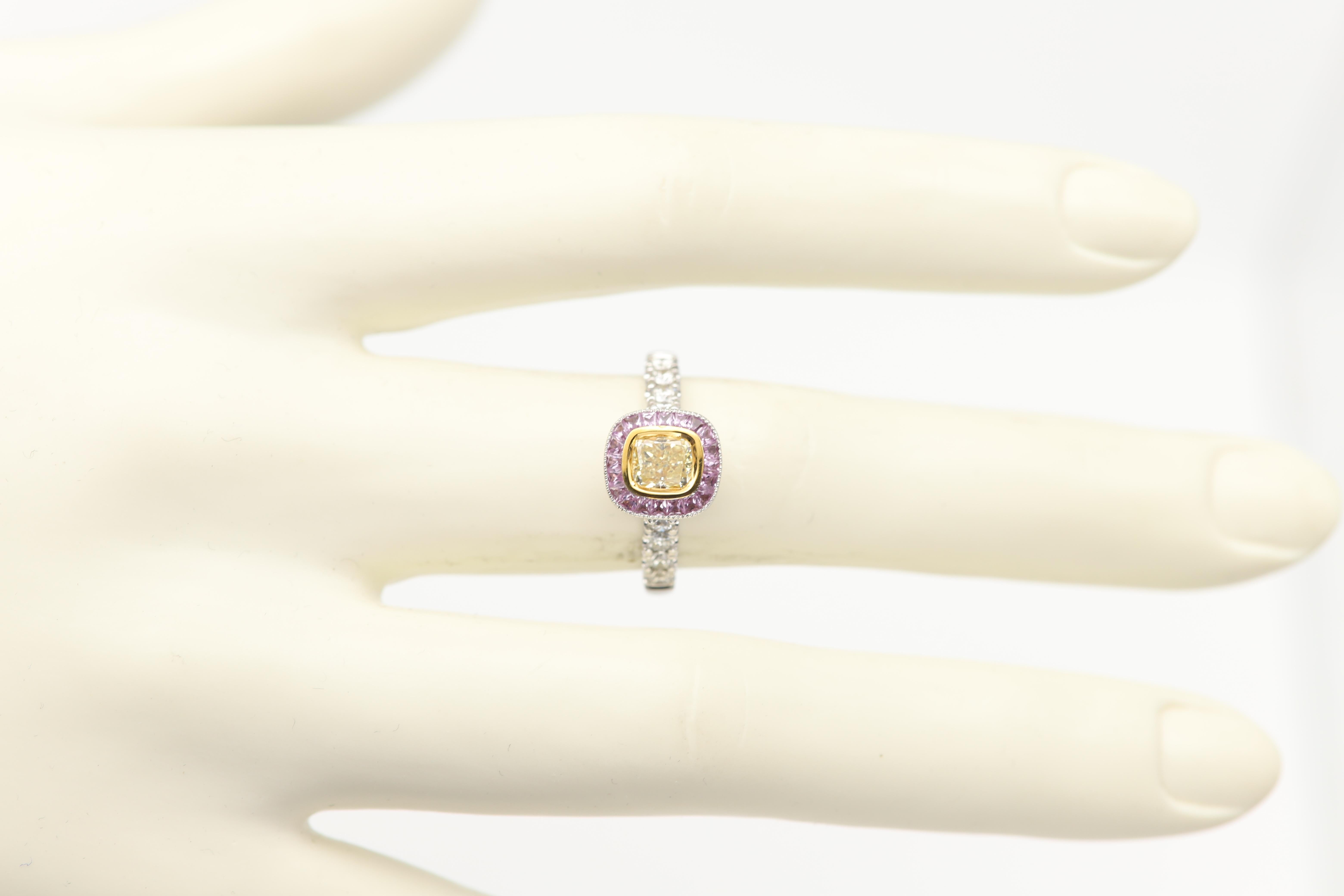 Natural Yellow Diamond Pink Sapphire ring 18 karat white gold Art Deco vintage For Sale 5
