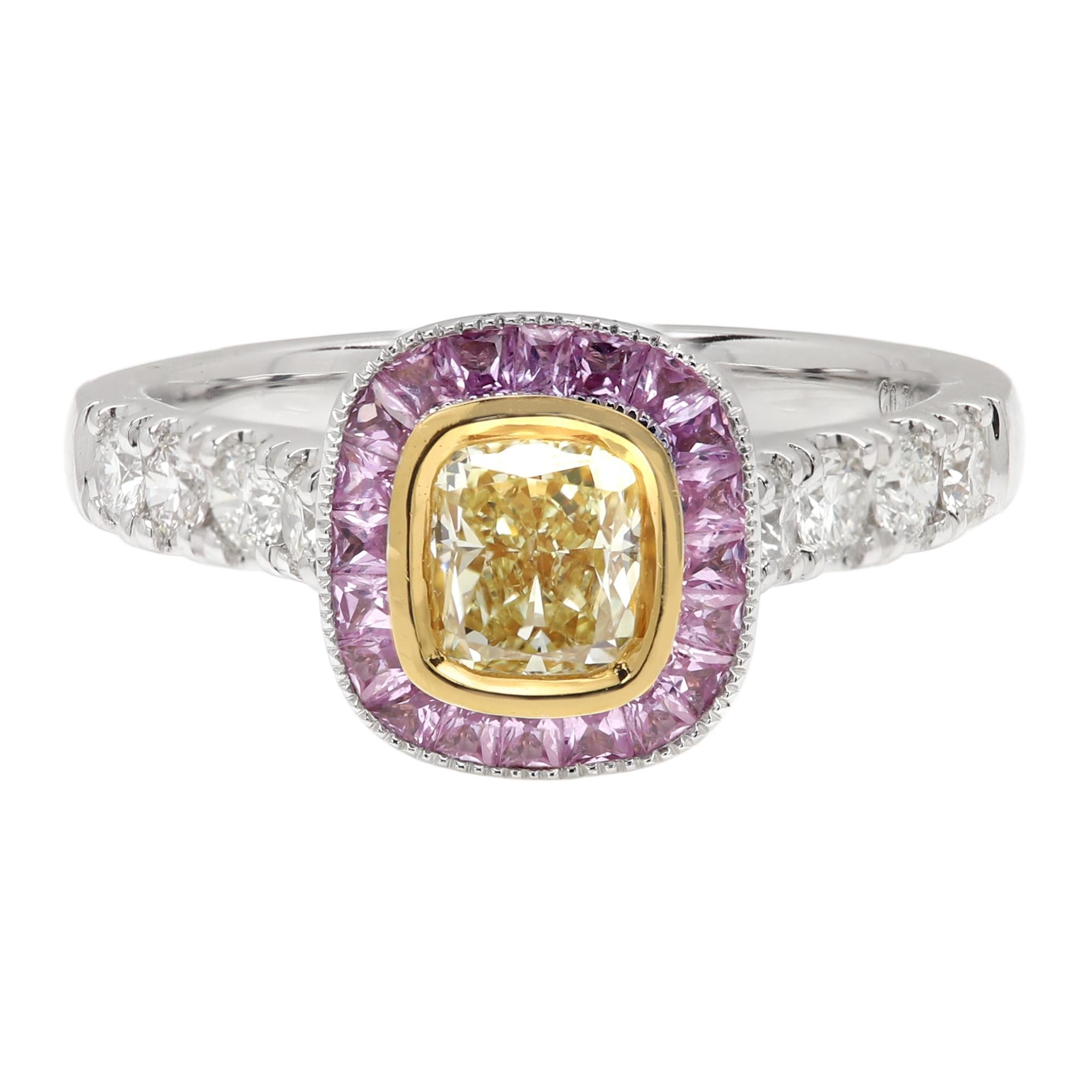 Natural Yellow Diamond Pink Sapphire ring 18 karat white gold Art Deco vintage For Sale 6