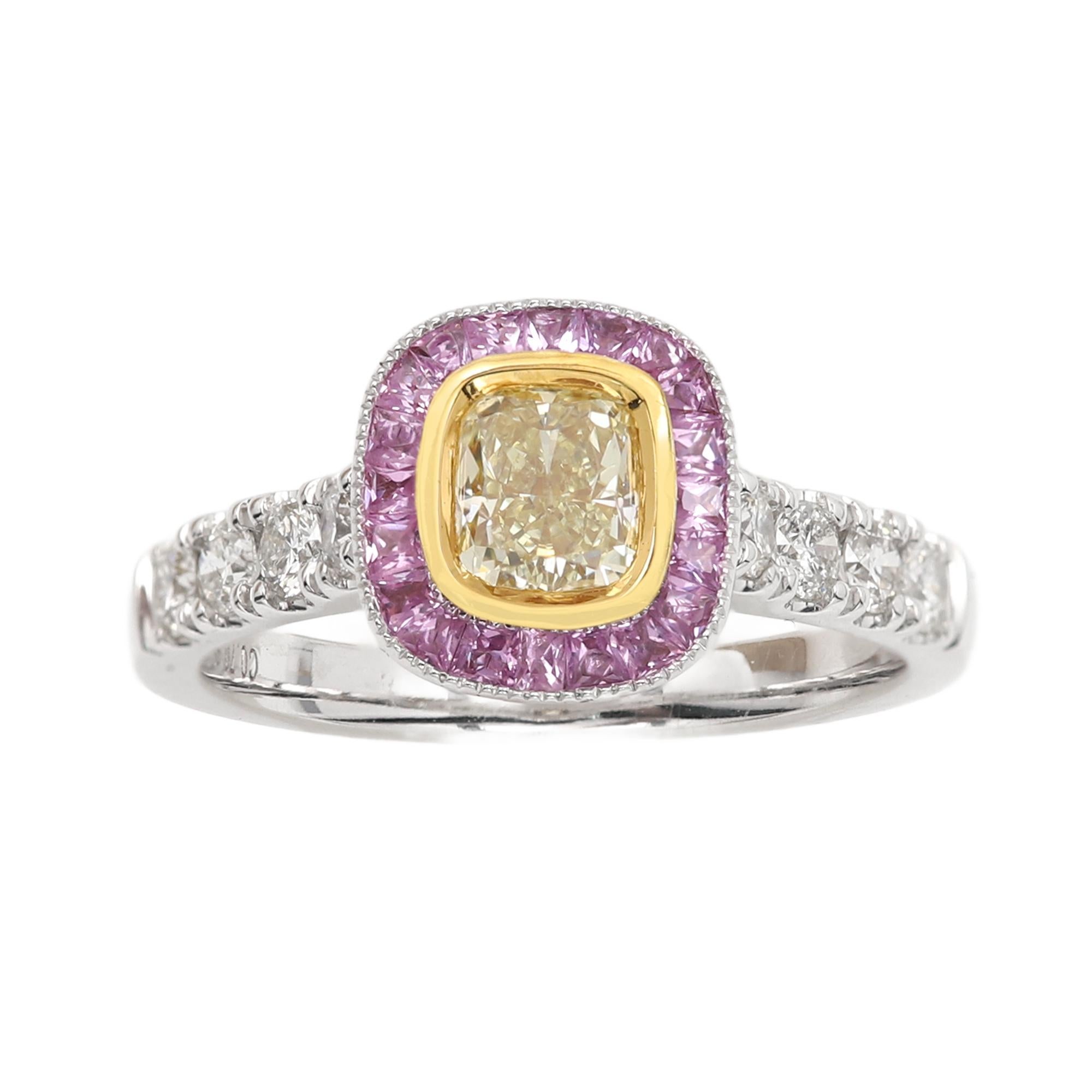 Art Deco Style Ring
Elegant with a statement 
Center is natural Yellow Diamond surrounded with Pink Sapphire (somewhat puple)
sides have natural white Diamonds
All stones are Natural
18k White Gold approx weight 5.1 grams
Center Yellow Diamond size