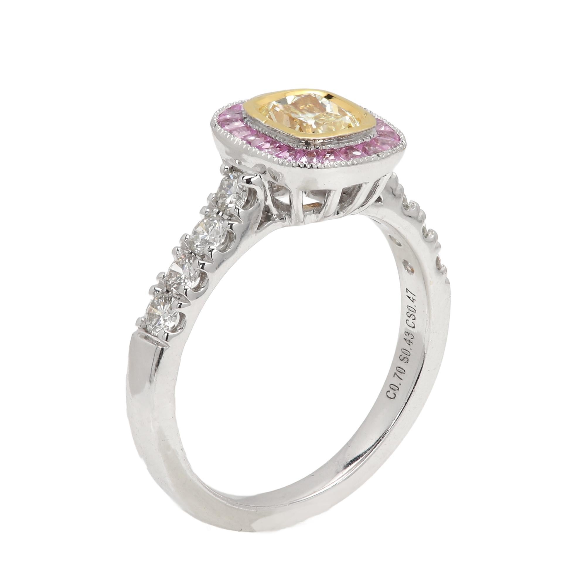 Cushion Cut Natural Yellow Diamond Pink Sapphire ring 18 karat white gold Art Deco vintage For Sale