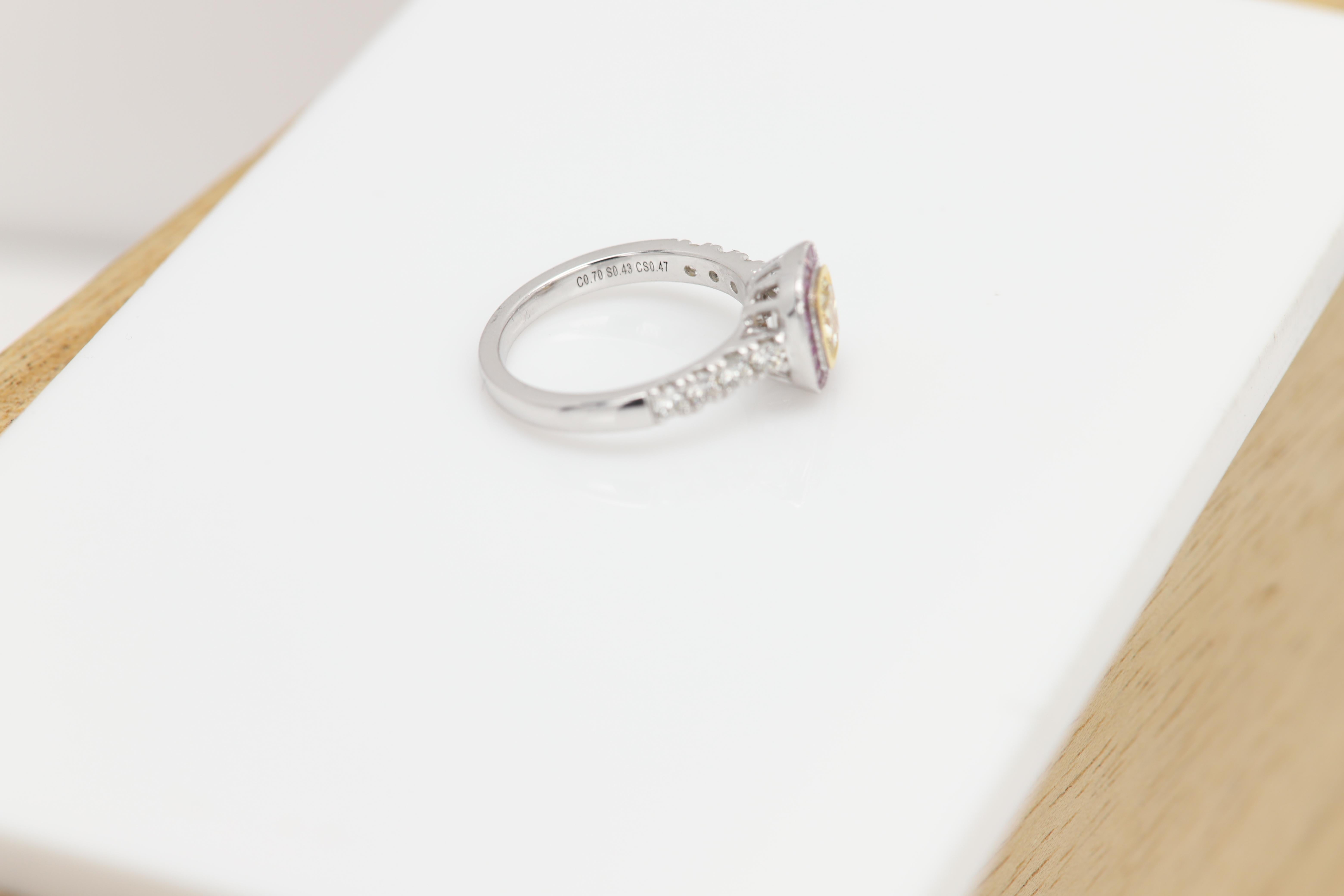 Women's Natural Yellow Diamond Pink Sapphire ring 18 karat white gold Art Deco vintage For Sale