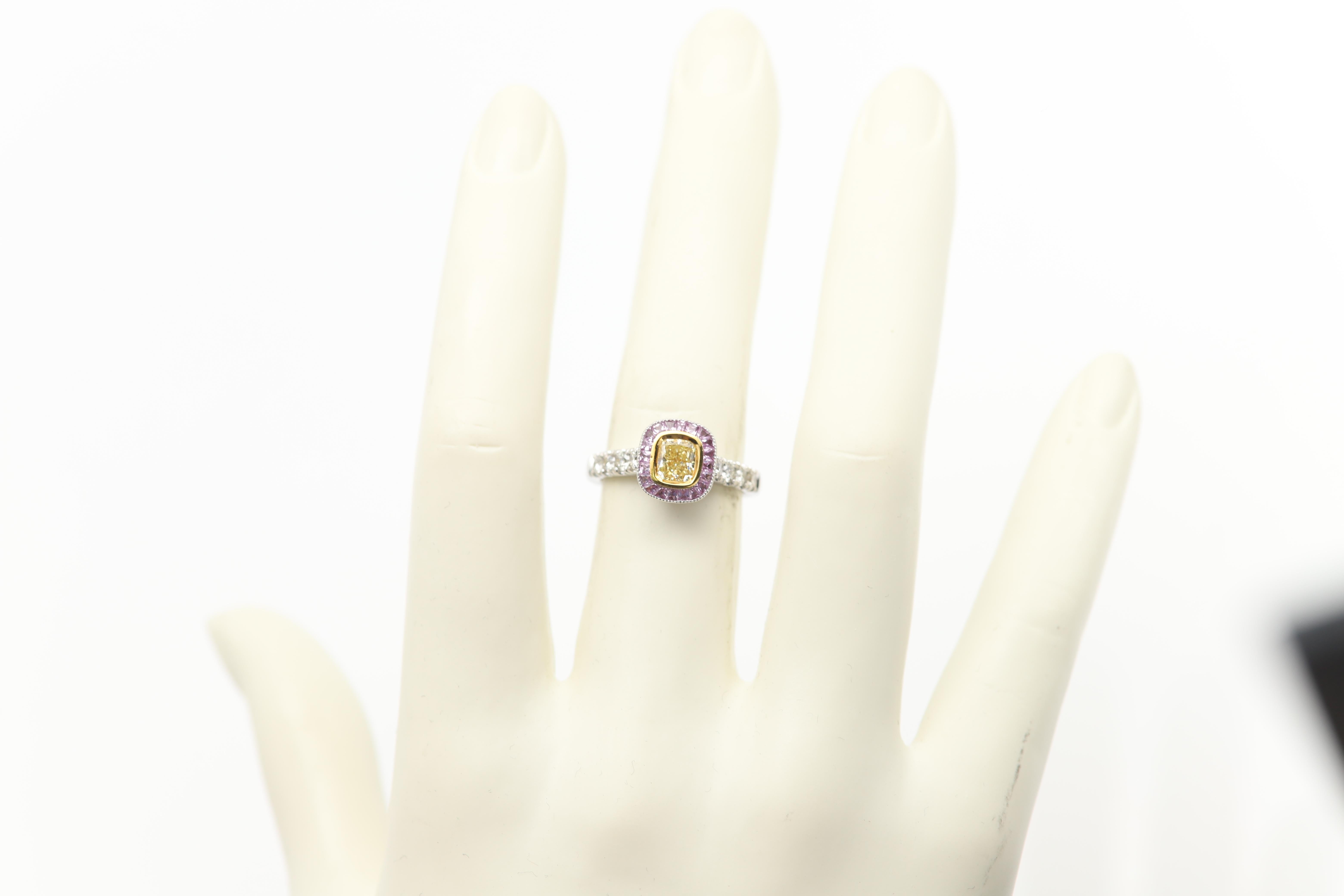 Natural Yellow Diamond Pink Sapphire ring 18 karat white gold Art Deco vintage For Sale 4
