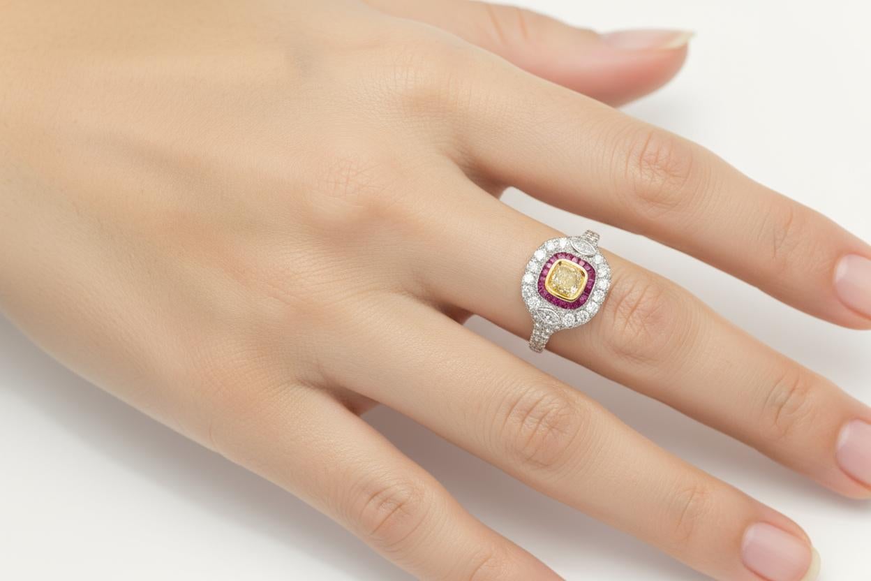 Nature Bague diamant jaune rouge or blanc Art Deco vintage 18 Karat en vente 4