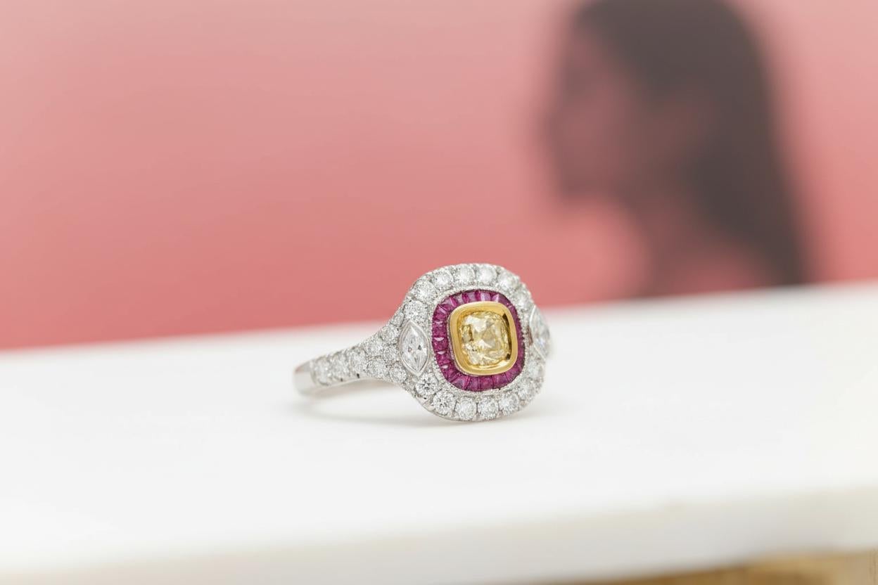 Nature Bague diamant jaune rouge or blanc Art Deco vintage 18 Karat en vente 5