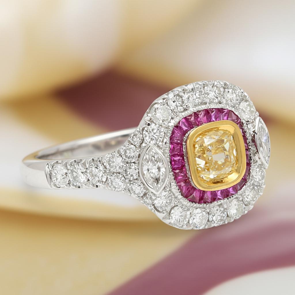 Nature Bague diamant jaune rouge or blanc Art Deco vintage 18 Karat en vente 6
