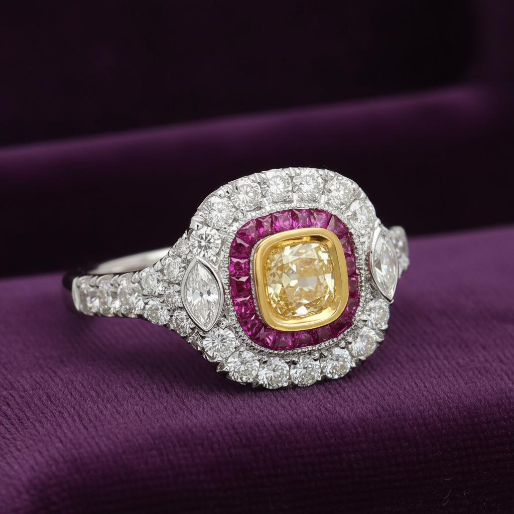 Nature Bague diamant jaune rouge or blanc Art Deco vintage 18 Karat en vente 7