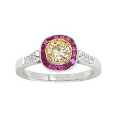 18k Natural Yellow Diamond & Red Ruby Ring white gold Art Deco vintage (#8)