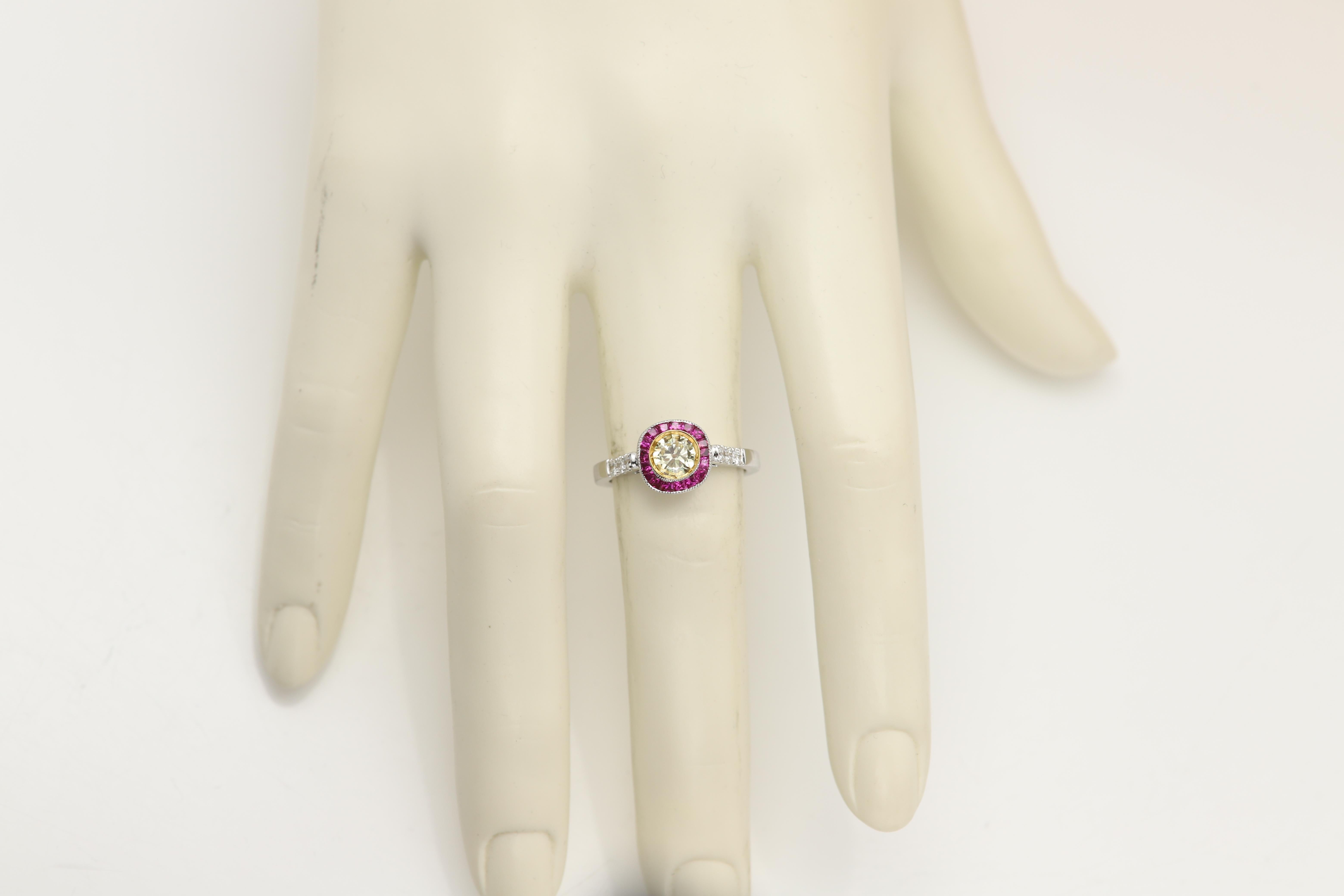 Nature Bague diamant jaune rouge or blanc Art Deco vintage 18 Karat Neuf - En vente à Brooklyn, NY
