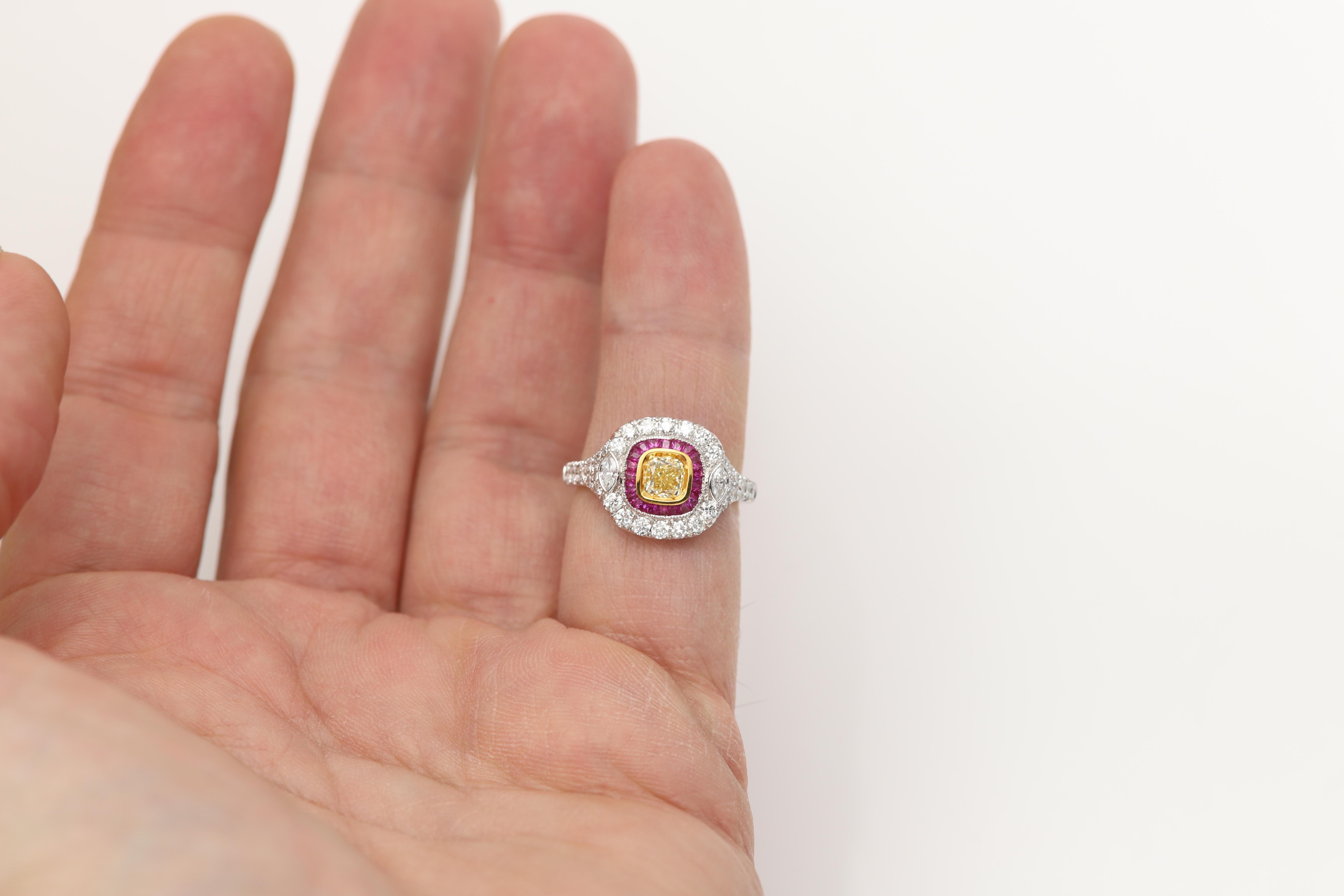 Nature Bague diamant jaune rouge or blanc Art Deco vintage 18 Karat Neuf - En vente à Brooklyn, NY