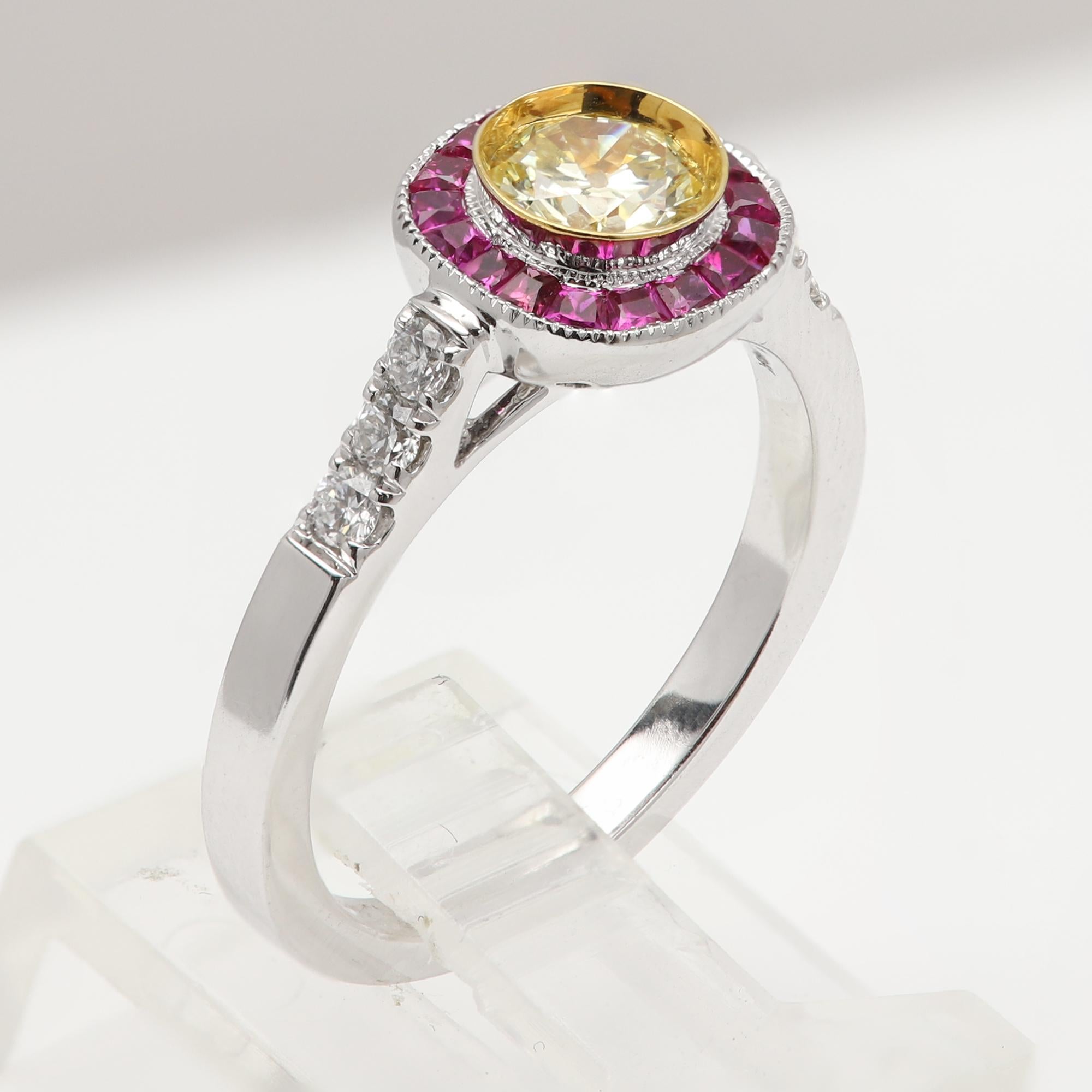 Nature Bague diamant jaune rouge or blanc Art Deco vintage 18 Karat en vente 1