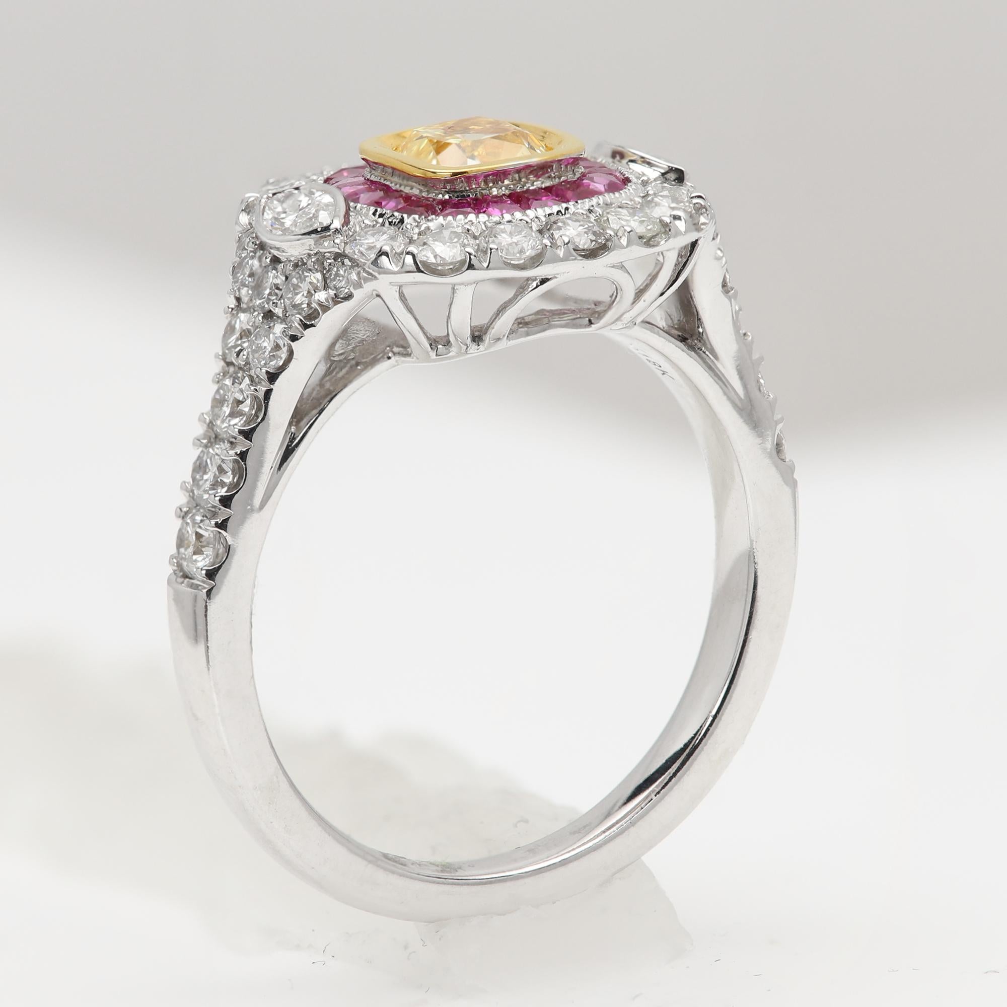 Nature Bague diamant jaune rouge or blanc Art Deco vintage 18 Karat en vente 1