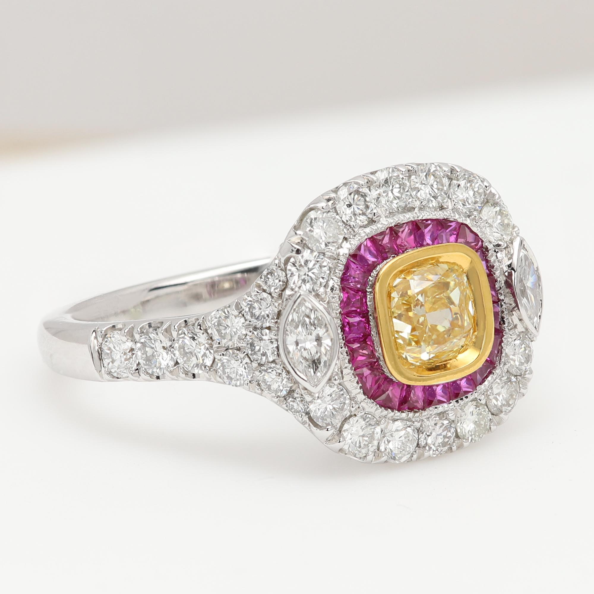 Nature Bague diamant jaune rouge or blanc Art Deco vintage 18 Karat en vente 2