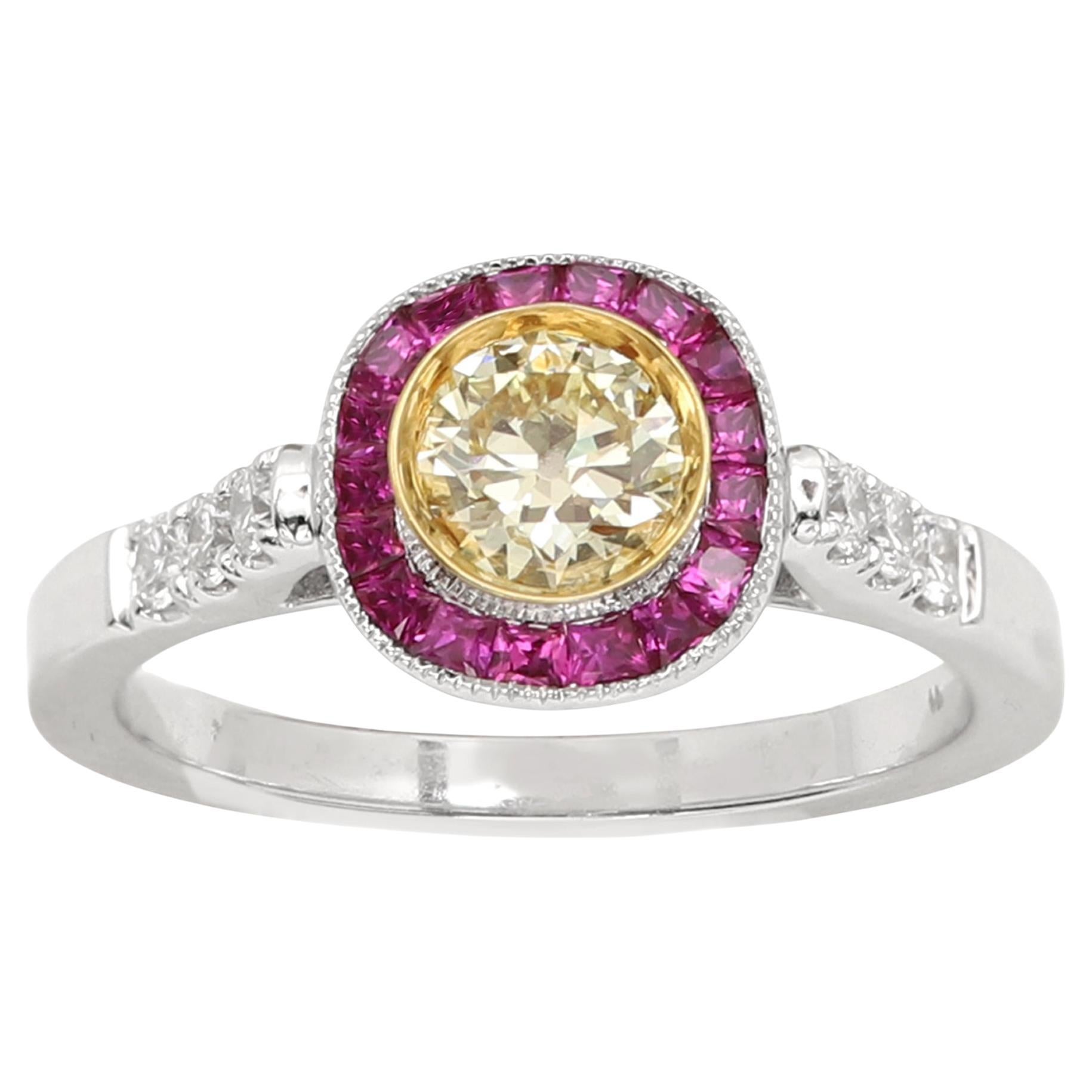 Nature Bague diamant jaune rouge or blanc Art Deco vintage 18 Karat