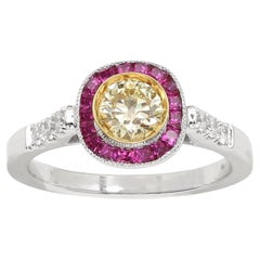 Nature Bague diamant jaune rouge or blanc Art Deco vintage 18 Karat