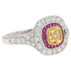 Anello con diamante giallo naturale Red Rudy in oro bianco Art Deco vintage 18 carati