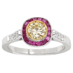 Anello con diamante giallo naturale Red Rudy in oro bianco Art Deco vintage 18 carati