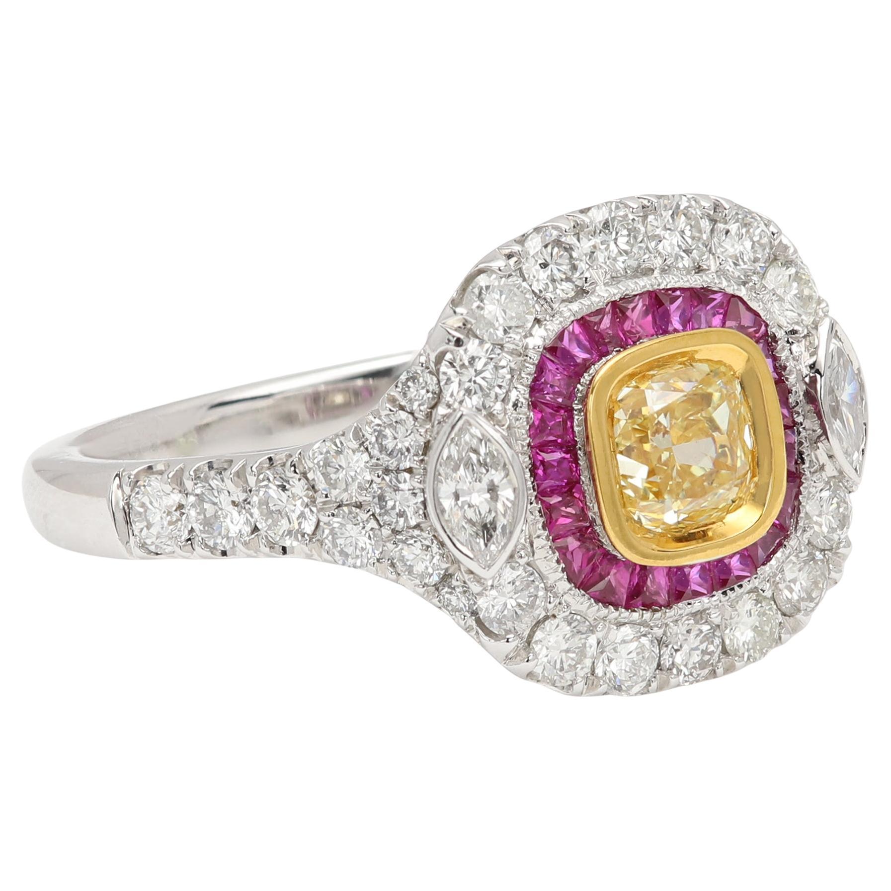 Nature Bague diamant jaune rouge or blanc Art Deco vintage 18 Karat