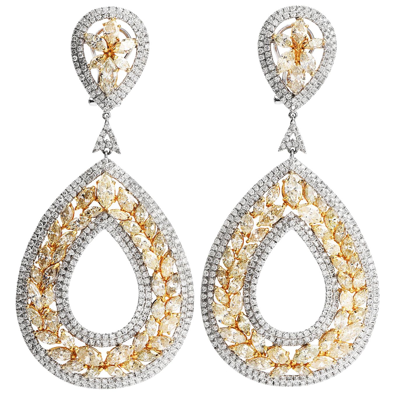  Natural Yellow Fancy Diamond 18 Karat Gold Floral Large Drop Earrings