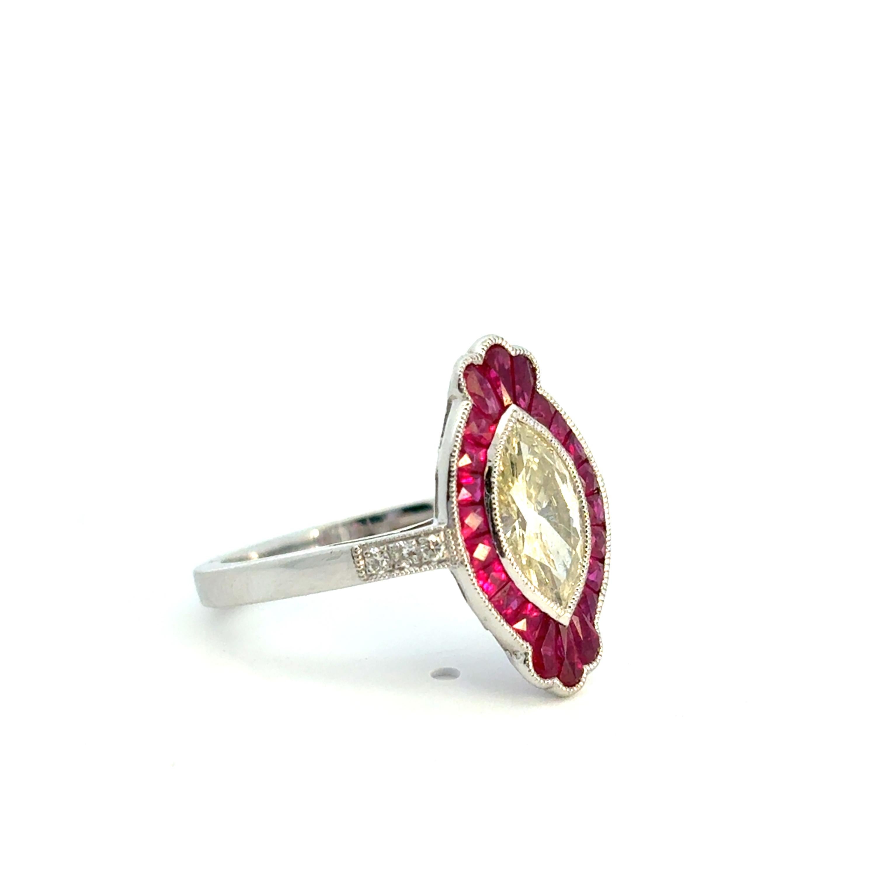 Natural Yellow Marquise Cut Diamond & Ruby Platinum Art Deco Ring In Stock (Art déco) im Angebot