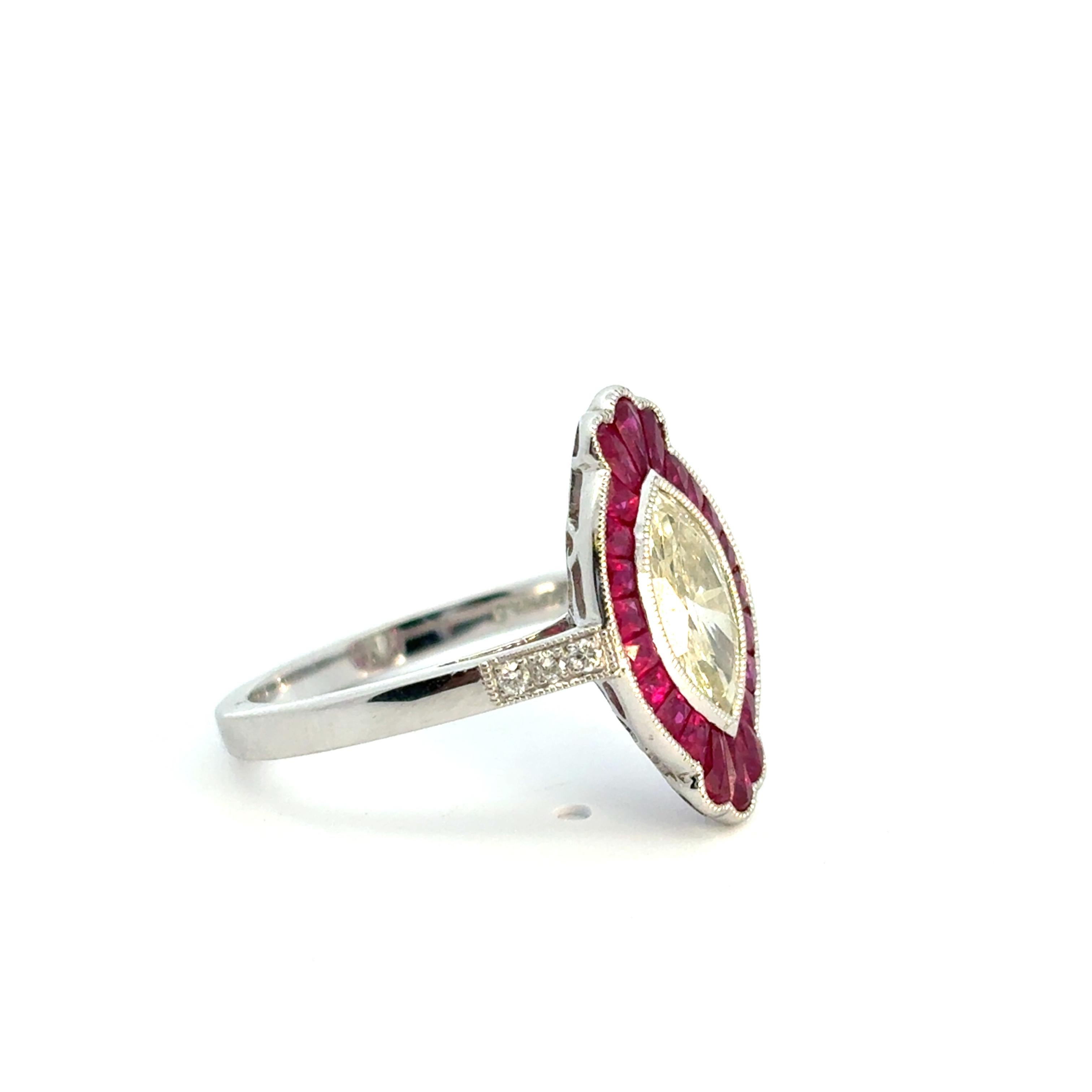 Natural Yellow Marquise Cut Diamond & Ruby Platinum Art Deco Ring In Stock (Marquiseschliff) im Angebot