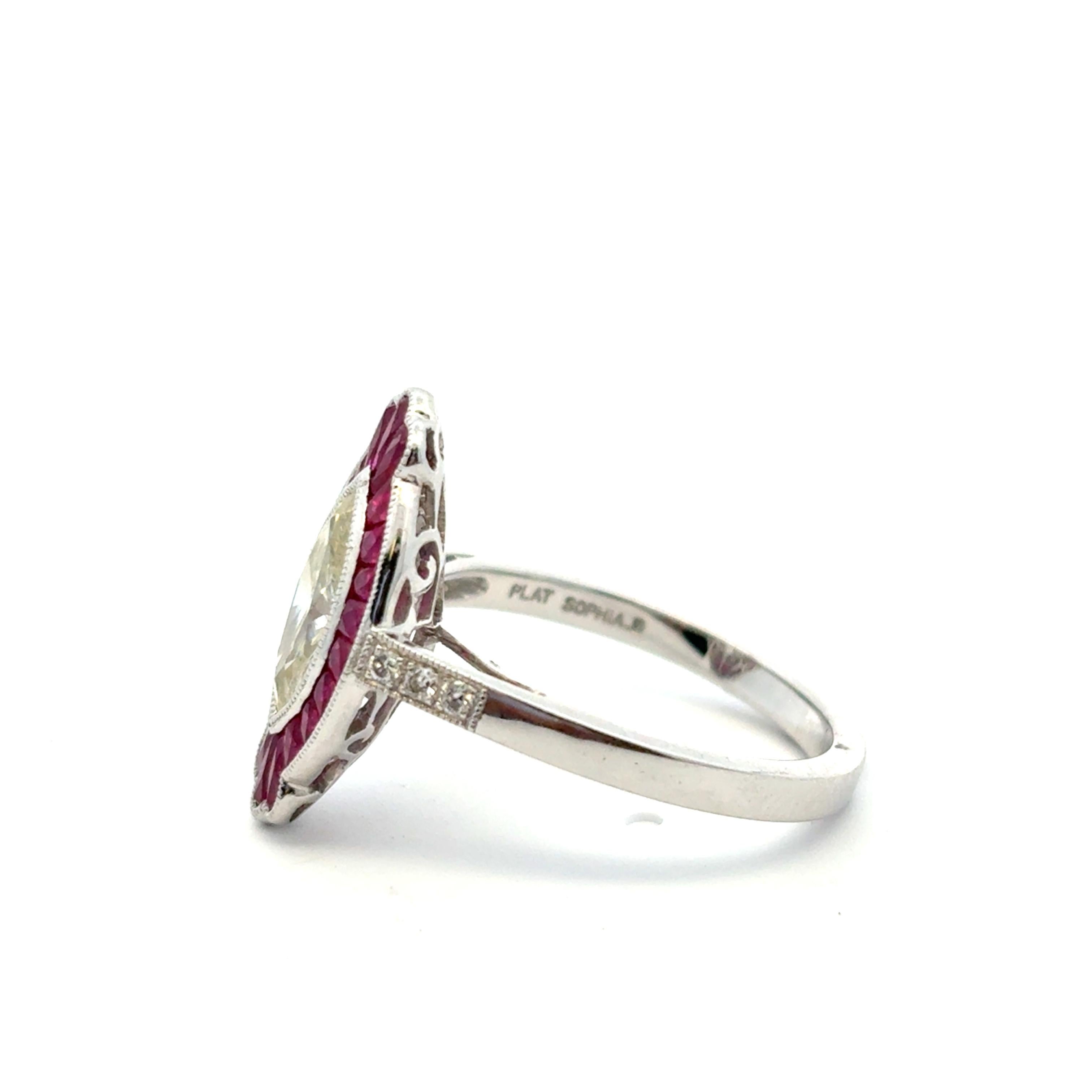 Natural Yellow Marquise Cut Diamond & Ruby Platinum Art Deco Ring In Stock Damen im Angebot