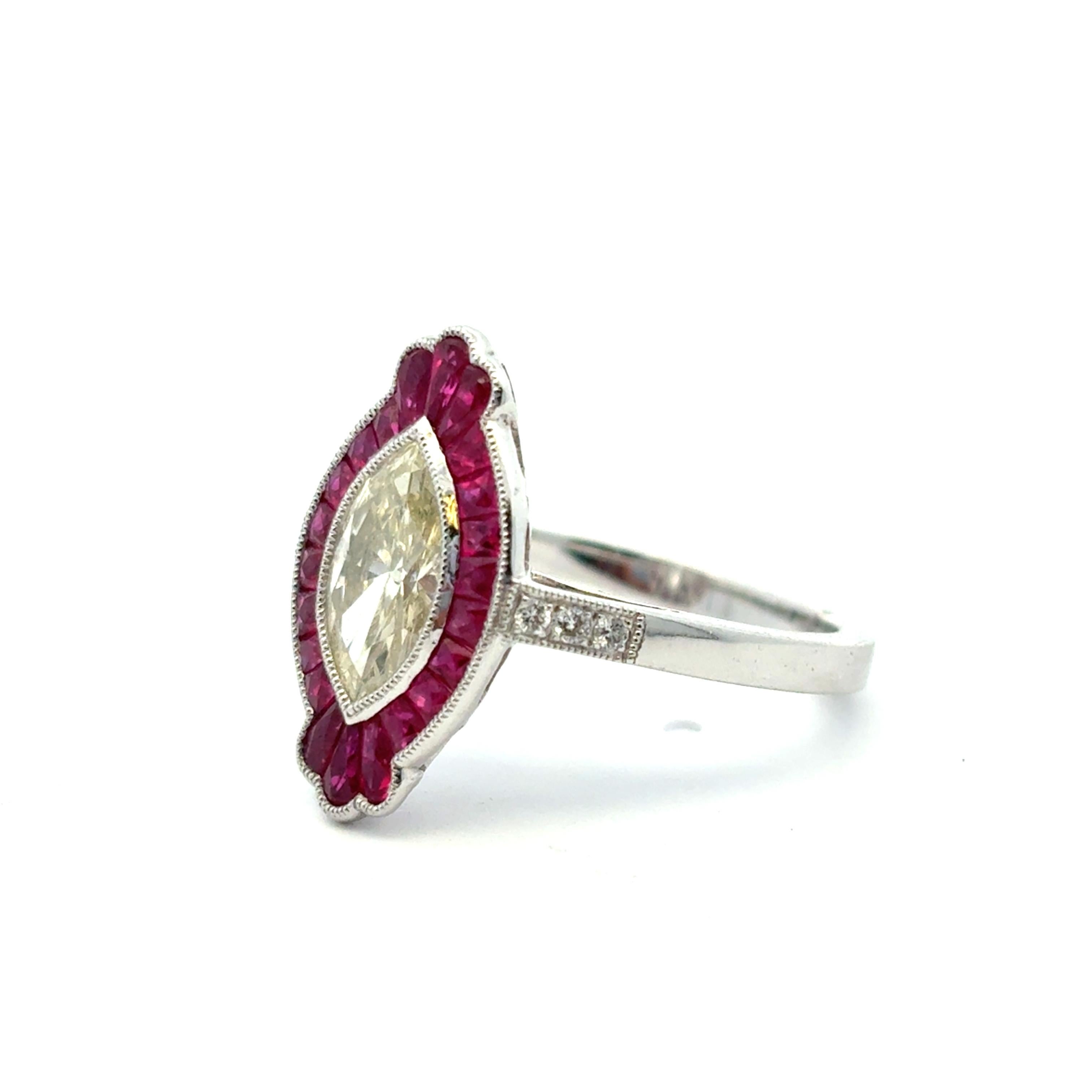 Natural Yellow Marquise Cut Diamond & Ruby Platinum Art Deco Ring In Stock im Angebot 1