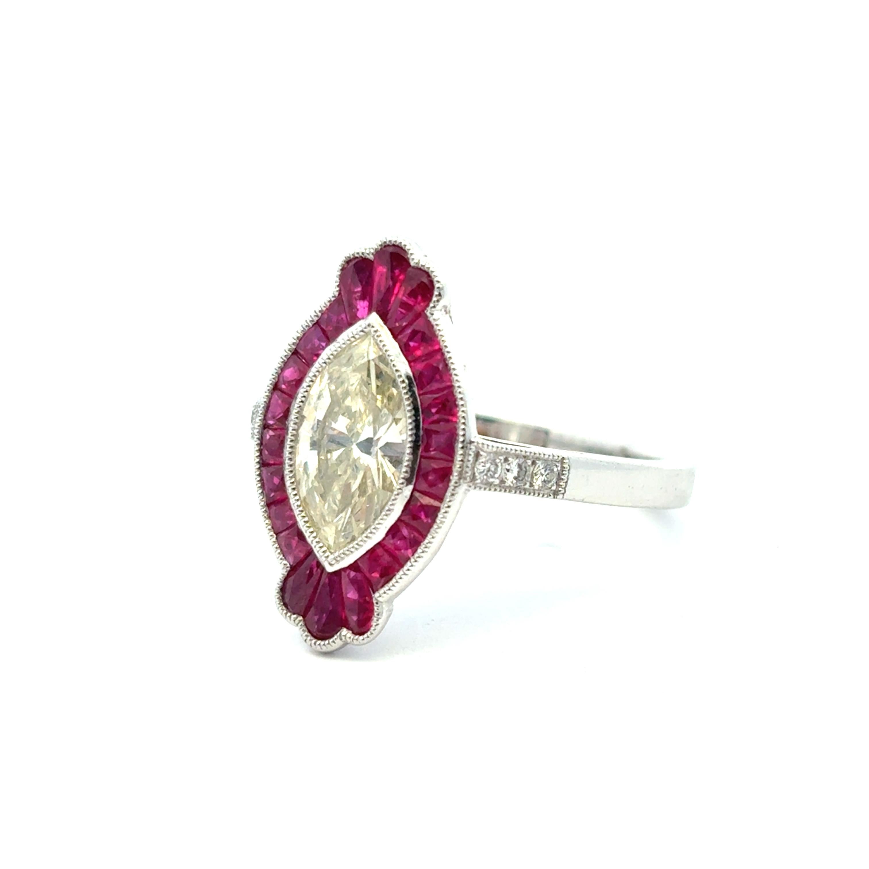 Natural Yellow Marquise Cut Diamond & Ruby Platinum Art Deco Ring In Stock im Angebot 2