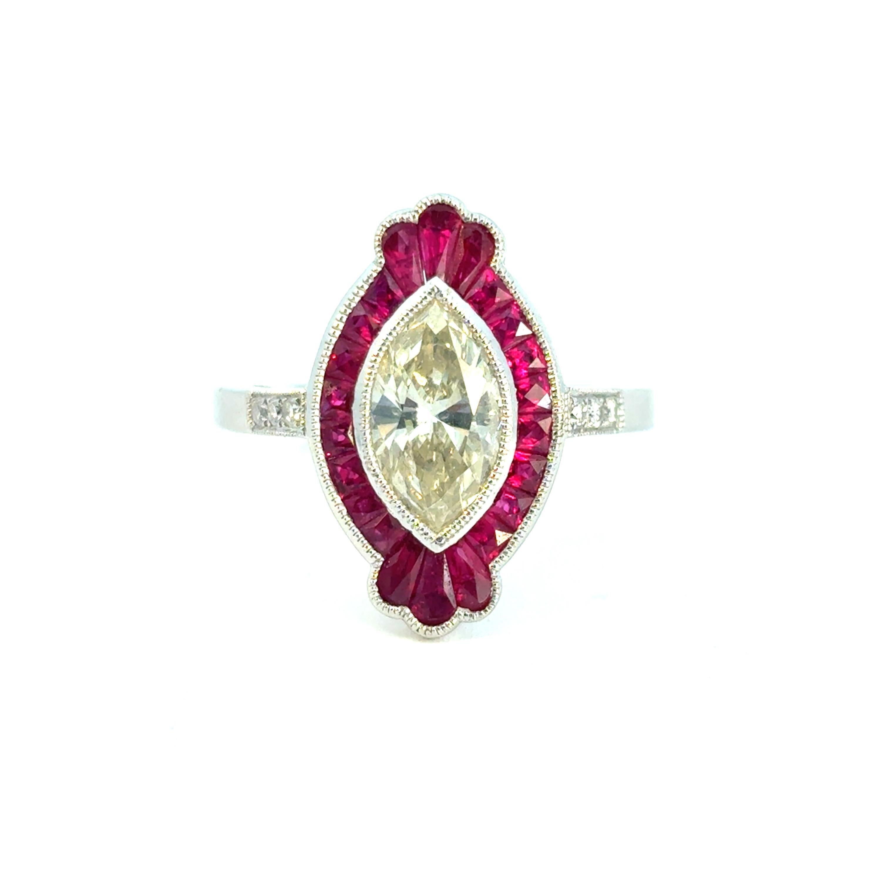 Natural Yellow Marquise Cut Diamond
Ruby Platinum Art Deco Ring In Stock