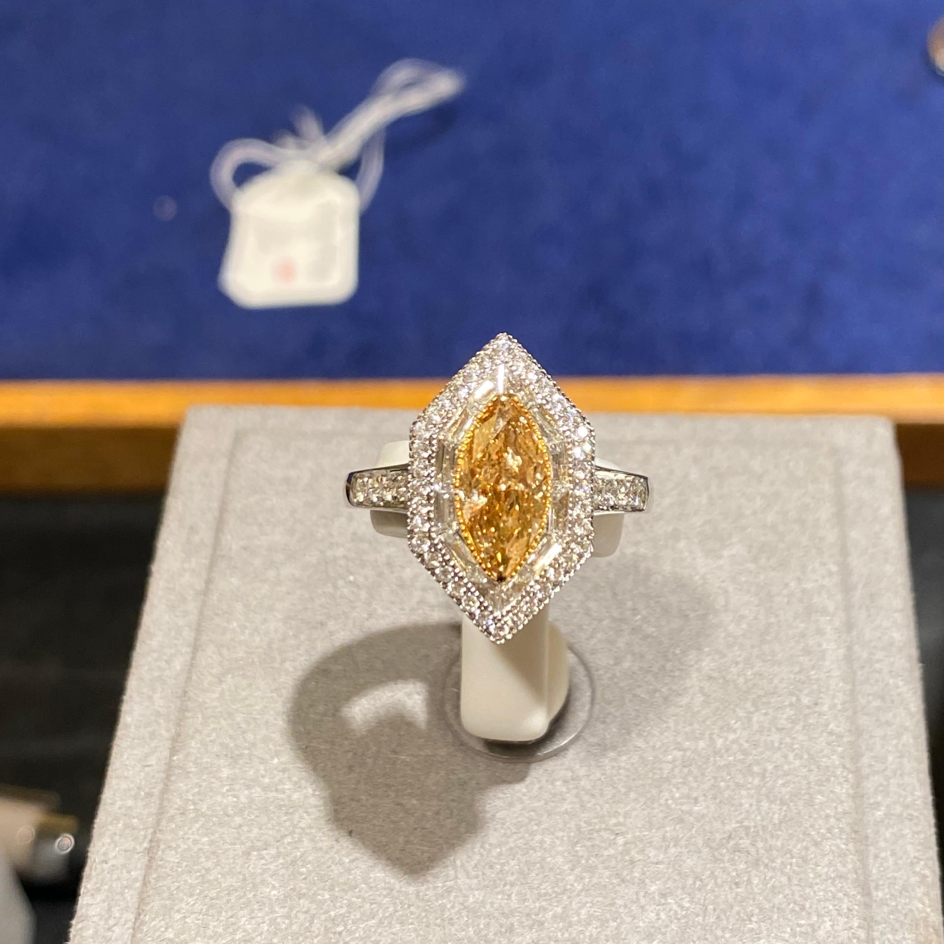 Marquise Cut Eostre Marquise Yellow Diamond and White Diamond White Gold Engagement Ring For Sale