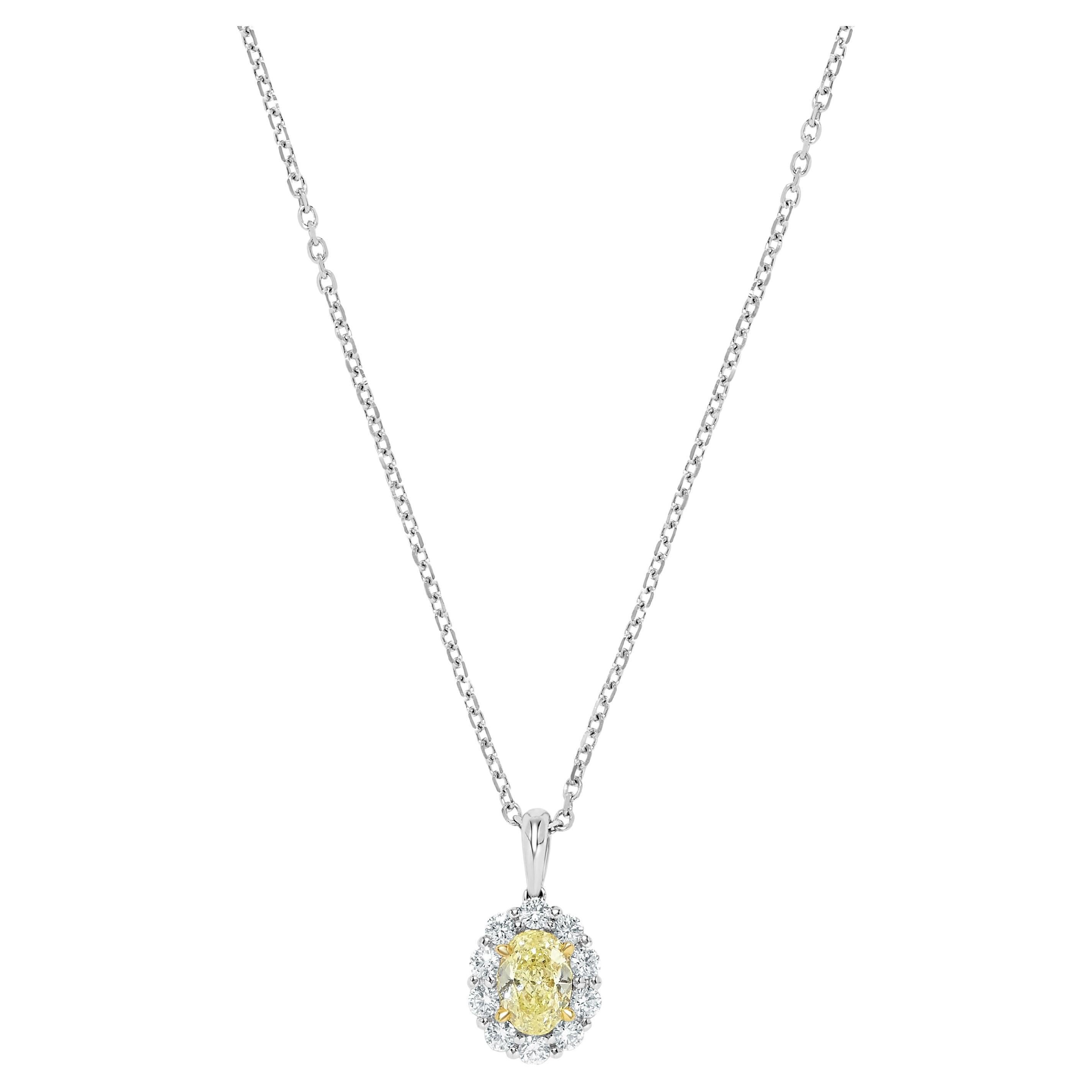 Natural Yellow Oval and White Diamond 1.04 Carat TW Gold Drop Pendant For Sale
