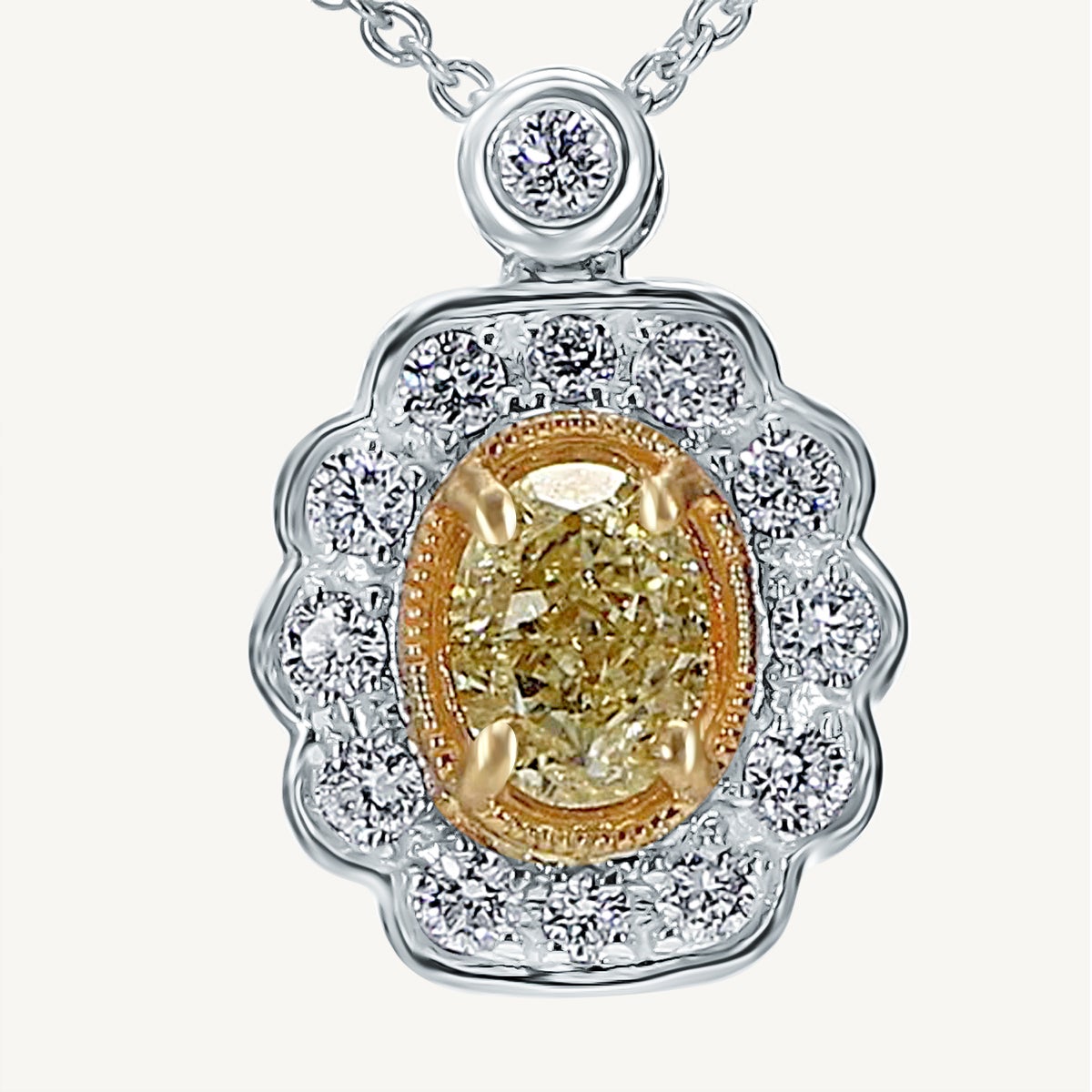 Natural Yellow Oval and White Diamond 1.06 Carat TW Gold Drop Pendant