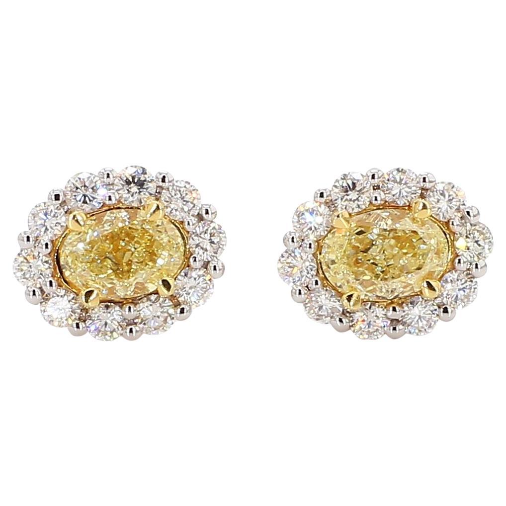 Natural Yellow Oval and White Diamond 2.09 Carat TW Gold Stud Earrings