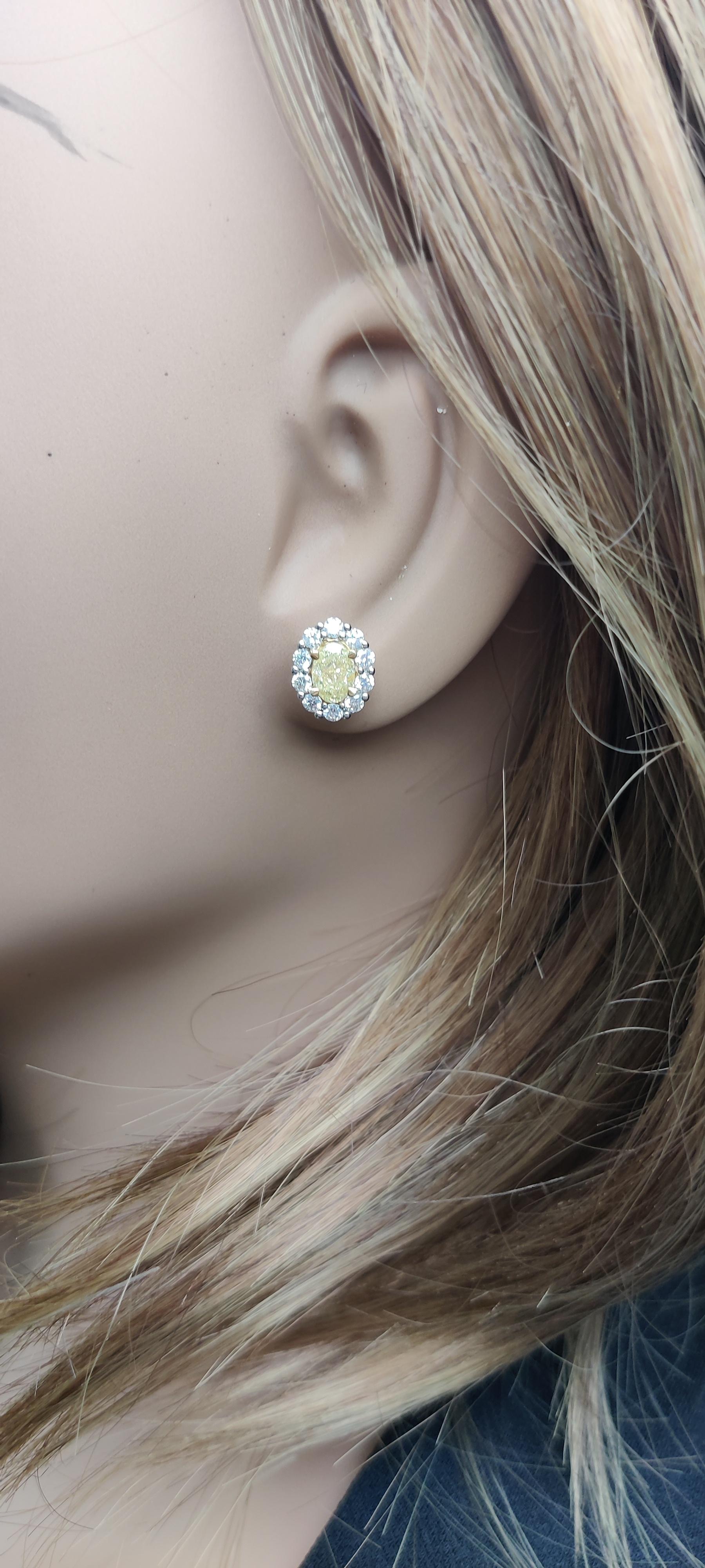 Natural Yellow Oval and White Diamond 2.15 Carat TW Gold Stud Earrings For Sale 2