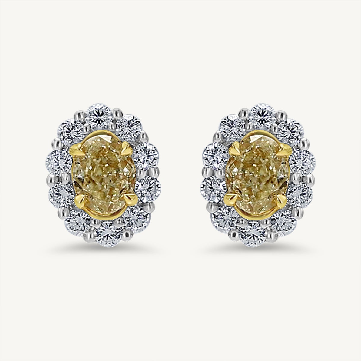 Natural Yellow Oval and White Diamond 2.15 Carat TW Gold Stud Earrings For Sale