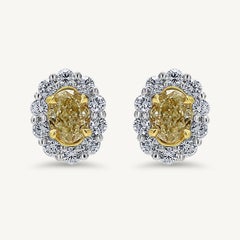 Natural Yellow Oval and White Diamond 2.15 Carat TW Gold Stud Earrings