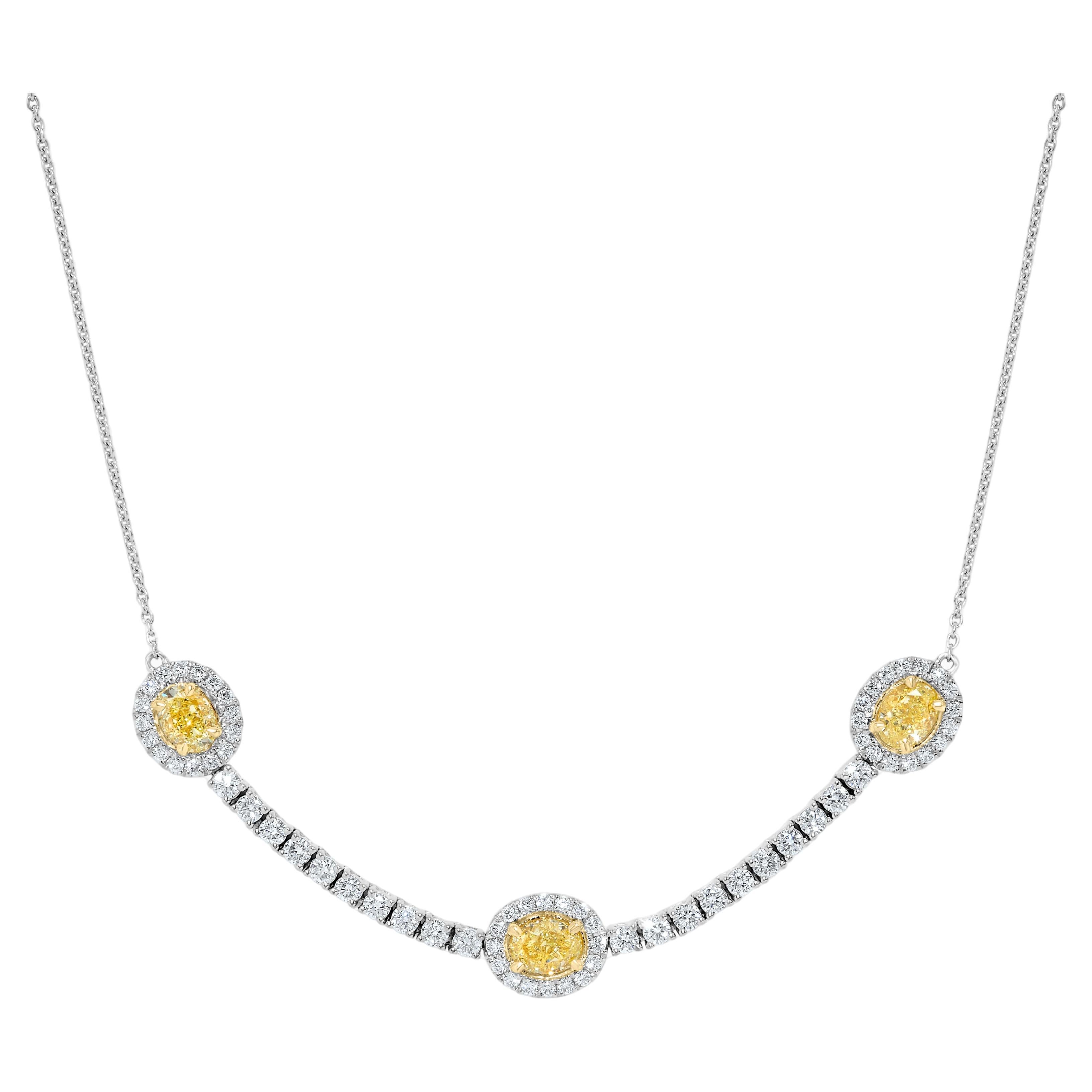 Natural Yellow Oval and White Diamond 2.45 Carat TW Gold Drop Necklace For Sale