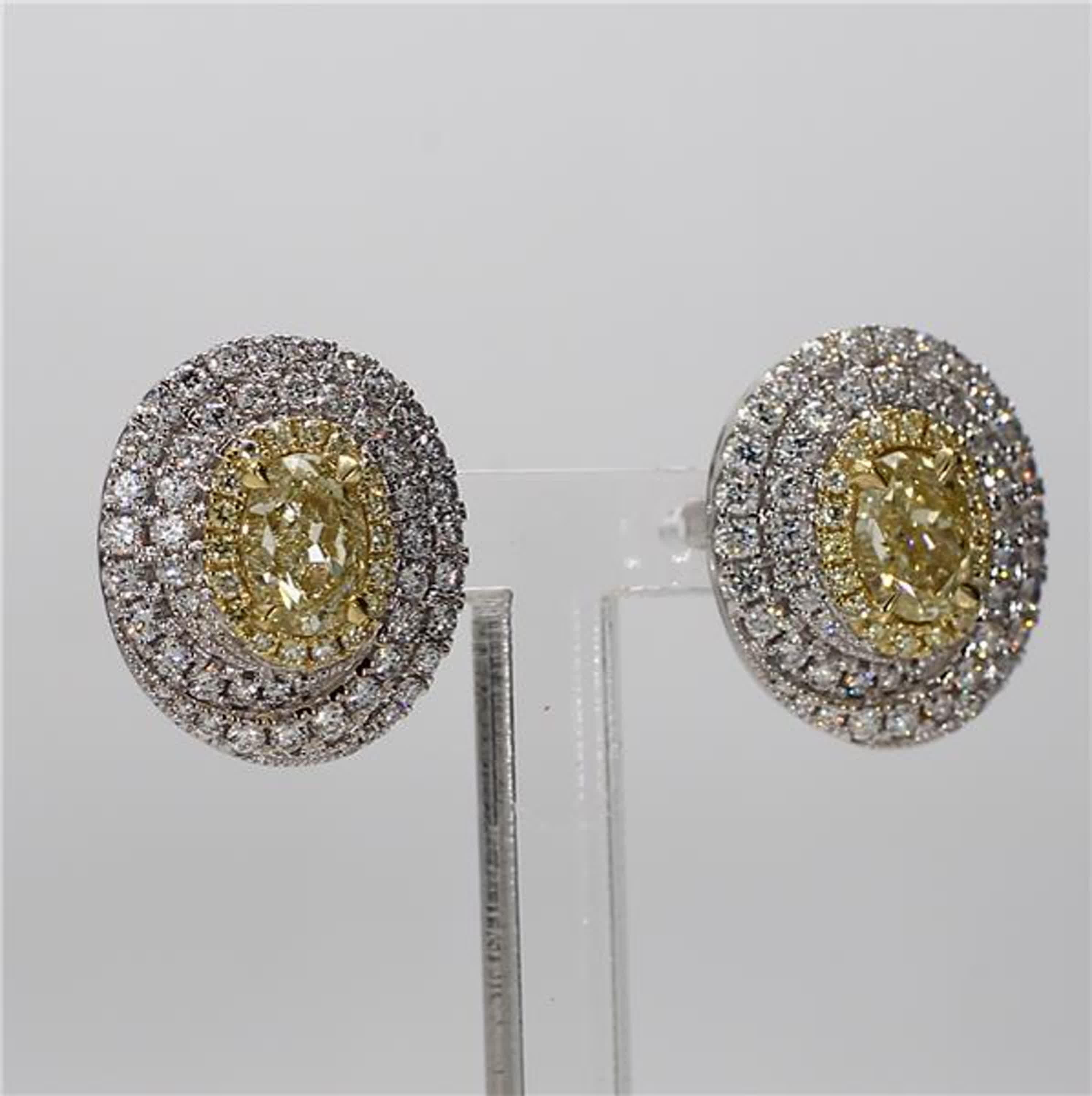 Natural Yellow Oval and White Diamond 3.02 Carat TW Gold Stud Earrings 1