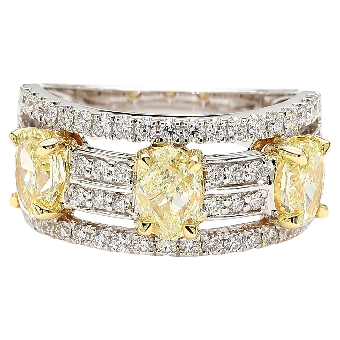 Natural Yellow Oval Diamond 2.13 Carat TW Gold 3-Stone Cocktail Ring
